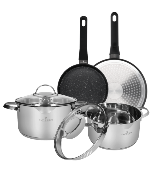 ZWIEGER VERON Komplet garnków z pokrywkami 22, 24 cm + patelnie 20, 28 cm / stal nierdzewna