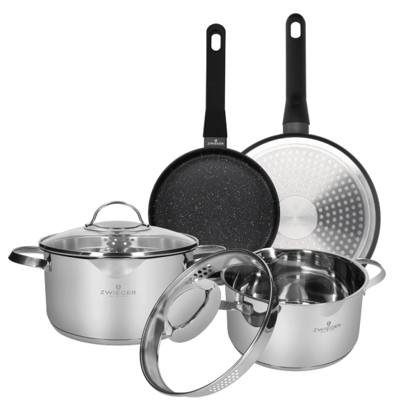ZWIEGER VERON Komplet garnków z pokrywkami 22, 24 cm + patelnie 20, 28 cm / stal nierdzewna