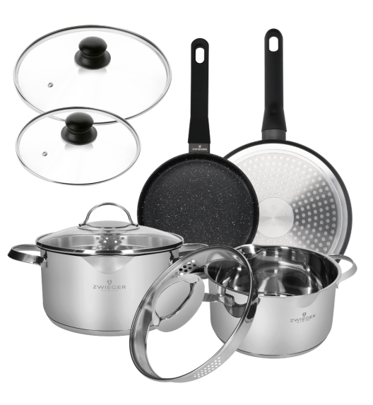 ZWIEGER VERON Komplet garnków z pokrywkami 22, 24 cm + 2 patelnie + pokrywki uni  / stal nierdzewna