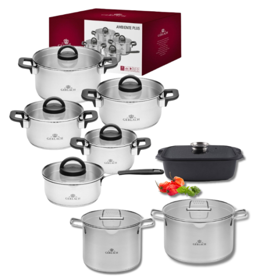 GERLACH AMBIENTE PLUS Komplet Garnki z pokrywkami 10 el + Garnki Gerlach Ambiente 7 l i 10 l / stal nierdzewna 18/10 + Brytfanna Granitex