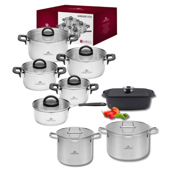 GERLACH AMBIENTE PLUS Komplet Garnki z pokrywkami 10 el + Garnki Gerlach Ambiente 7 l i 10 l / stal nierdzewna 18/10 + Brytfanna Granitex