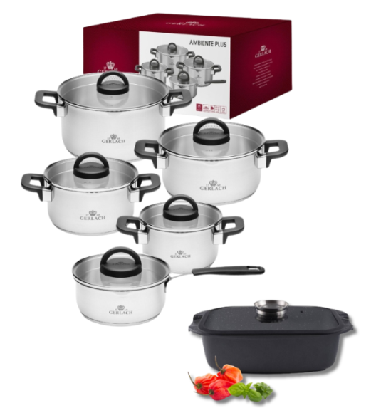 GERLACH AMBIENTE PLUS Komplet Garnki z pokrywkami 10 el - stal nierdzewna 18/10 + Brytfanna Granitex