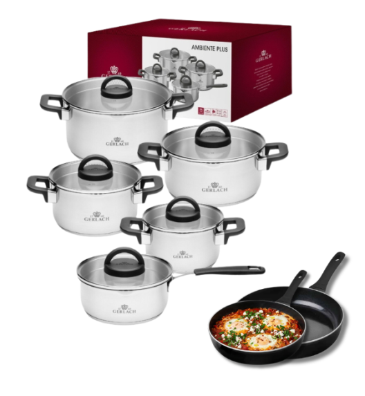GERLACH AMBIENTE PLUS Komplet Garnki z pokrywkami 10 el - stal nierdzewna 18/10 + Patelnia Harmony Classic 20, 28 cm 