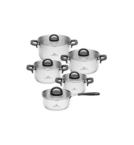 GERLACH AMBIENTE PLUS Komplet Garnki z pokrywkami 10 el - stal nierdzewna 18/10 + Patelnia Harmony Classic 20, 28 cm 