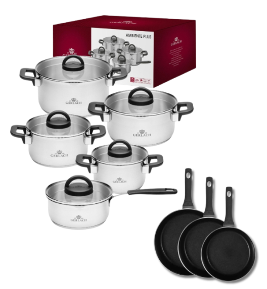 GERLACH AMBIENTE PLUS Komplet Garnki z pokrywkami 10 el - stal nierdzewna 18/10 + Patelnia Harmony Classic 20, 24, 28 cm 