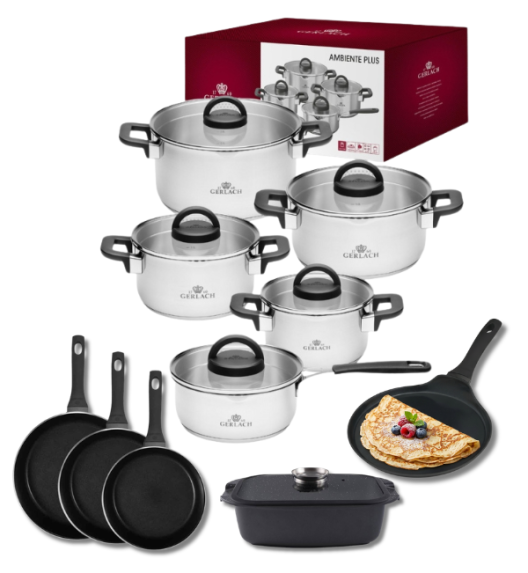 GERLACH AMBIENTE PLUS Komplet Garnki z pokrywkami 10 el - stal nierdzewna 18/10 + Patelnia Harmony Classic 20, 24, 28 cm + Patelnia naleśnikowa Harmony Classic 26 cm + Brytfanna Granitex 