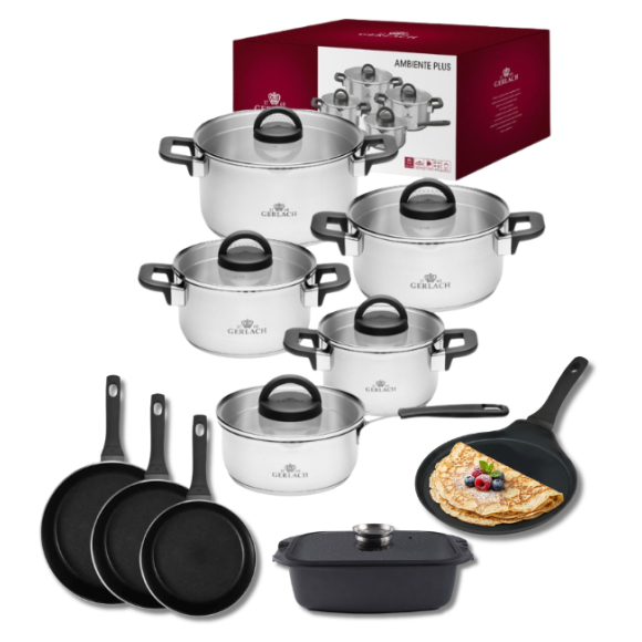 GERLACH AMBIENTE PLUS Komplet Garnki z pokrywkami 10 el - stal nierdzewna 18/10 + Patelnia Harmony Classic 20, 24, 28 cm + Patelnia naleśnikowa Harmony Classic 26 cm + Brytfanna Granitex 