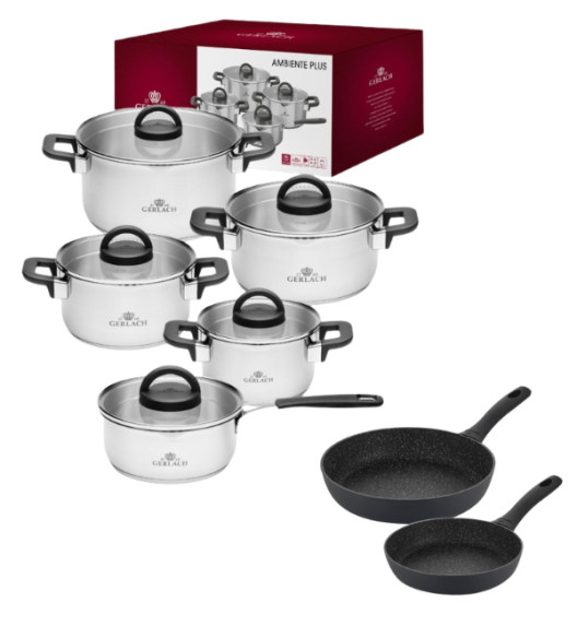 GERLACH AMBIENTE PLUS Komplet Garnki z pokrywkami 10 el - stal nierdzewna 18/10 + Patelnia Granitex 20, 28 cm 