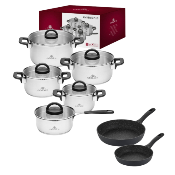 GERLACH AMBIENTE PLUS Komplet Garnki z pokrywkami 10 el - stal nierdzewna 18/10 + Patelnia Granitex 20, 28 cm 