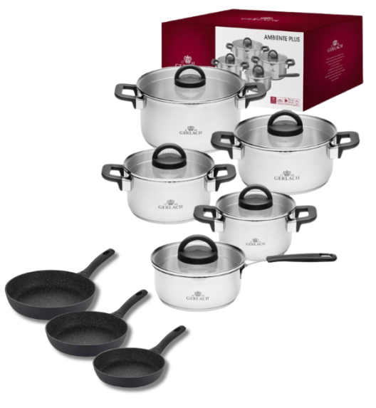 GERLACH AMBIENTE PLUS Komplet Garnki z pokrywkami 10 el - stal nierdzewna 18/10 + Patelnia Granitex 20, 24, 28 cm 