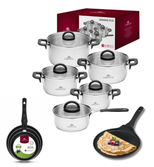 GERLACH AMBIENTE PLUS Komplet Garnki z pokrywkami 10 el + Patelnie Initial 20, 24, 28 cm + Patelnia naleśnikowa 26 cm / stal nierdzewna / indukcja
