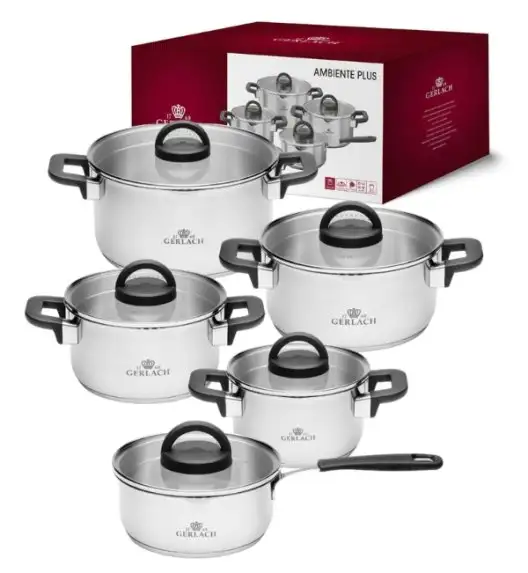 GERLACH AMBIENTE PLUS Komplet Garnki z pokrywkami 10 el + Patelnie Initial 20, 24, 28 cm + Patelnia naleśnikowa 26 cm / stal nierdzewna / indukcja