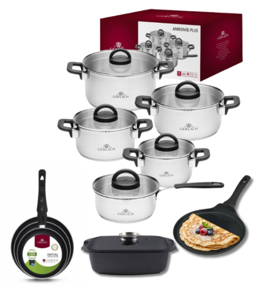 GERLACH AMBIENTE PLUS Komplet Garnki z pokrywkami 10 el + Patelnie Initial 20, 24, 28 cm + Patelnia naleśnikowa 26 cm + Brytfanna Granitex / stal nierdzewna / indukcja