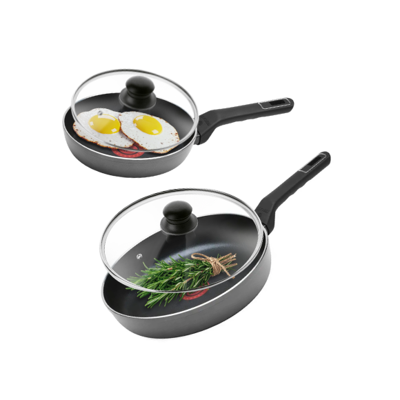 GERLACH AMBIENTE PLUS Komplet Garnki z pokrywkami 10 el - stal nierdzewna 18/10 + Patelnia Gerlach Ambiente ThermoCoat 20, 28 cm + pokrywki szklane 