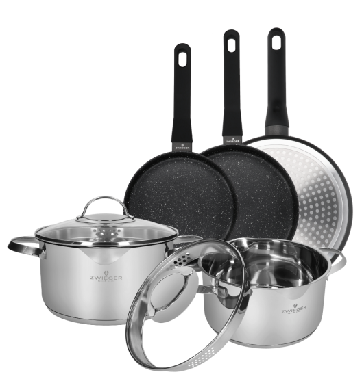 ZWIEGER VERON Komplet garnków z pokrywkami 22, 24 cm + patelnie 20, 24, 28 cm / stal nierdzewna