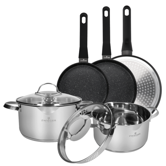 ZWIEGER VERON Komplet garnków z pokrywkami 22, 24 cm + patelnie 20, 24, 28 cm / stal nierdzewna