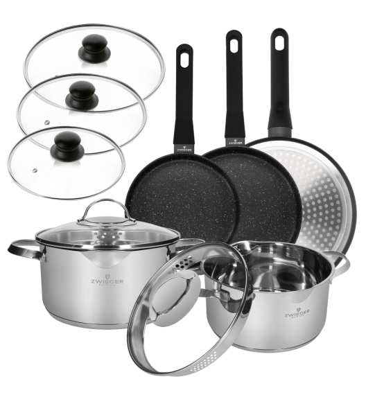 ZWIEGER VERON Komplet garnków z pokrywkami 22, 24 cm + 3 patelnie + pokrywki uni / stal nierdzewna