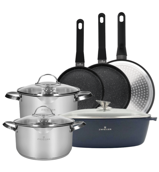 ZWIEGER VERON Komplet garnków z pokrywkami 22, 24 cm + 3 patelnie + Brytfanna / stal nierdzewna