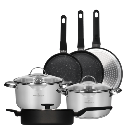 ZWIEGER VERON Komplet garnków z pokrywkami 22, 24 cm + 3 patelnie + patelnia wysoka / stal nierdzewna