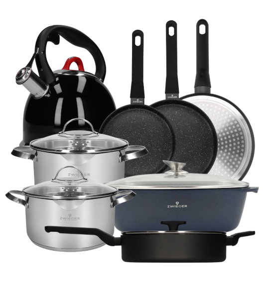 ZWIEGER VERON Komplet garnków z pokrywkami 22, 24 cm + 4 patelnie + Brytfanna + Czajnik / stal nierdzewna