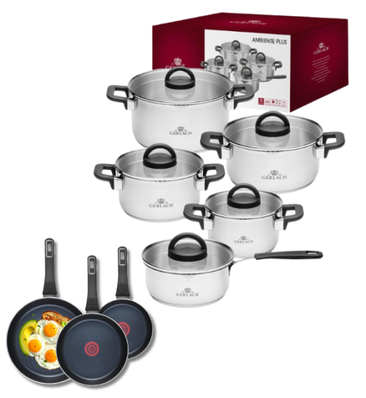 GERLACH AMBIENTE PLUS Komplet Garnki z pokrywkami 10 el - stal nierdzewna 18/10 + Patelnia Gerlach Ambiente ThermoCoat 20, 24, 28 cm 