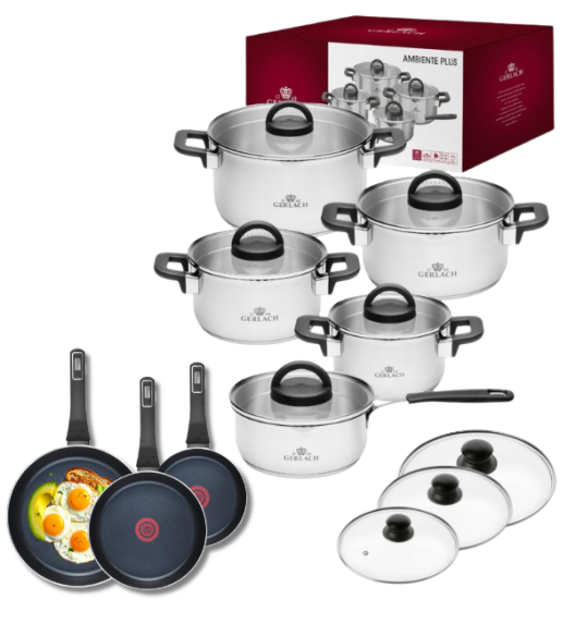 GERLACH AMBIENTE PLUS Komplet Garnki z pokrywkami 10 el - stal nierdzewna 18/10 + Patelnia Gerlach Ambiente ThermoCoat 20, 24, 28 cm + pokrywki szklane