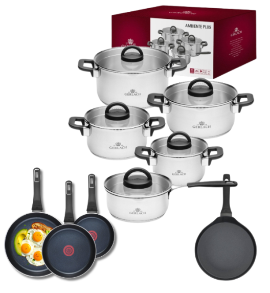 GERLACH AMBIENTE PLUS Komplet Garnki z pokrywkami 10 el - stal nierdzewna 18/10 + Patelnia Gerlach Ambiente ThermoCoat 20, 24, 28 cm + Patelnia naleśnikowa 26 cm