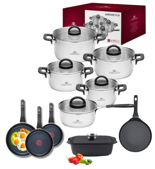 GERLACH AMBIENTE PLUS Komplet Garnki z pokrywkami 10 el - stal nierdzewna 18/10 + Patelnia Gerlach Ambiente ThermoCoat 20, 24, 28 cm + Patelnia naleśnikowa 26 cm+ Brytfanna Granitex 