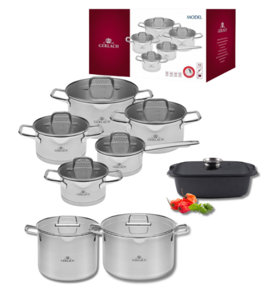 GERLACH MODEL Komplet Garnki z pokrywkami 10 el + Gerlach Ambiente Garnki 7 l i 10 l+ Brytfanna Granitex