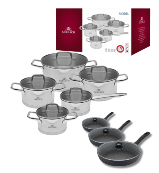 GERLACH MODEL Komplet Garnki z pokrywkami 10 el + Gerlach Granitex Patelnia 20, 24, 28 cm + pokrywki szklane