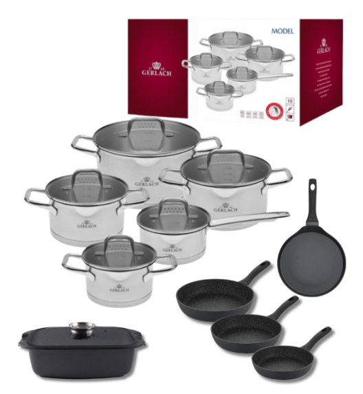 GERLACH MODEL Komplet Garnki z pokrywkami 10 el + Gerlach Granitex Patelnia 20, 24, 28 cm+ Patelnia naleśnikowa 26 cm + Brytfanna Granitex 