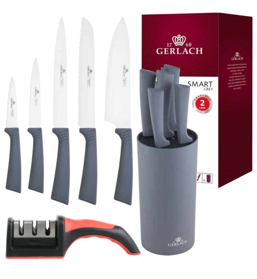 GERLACH SMART GREY Komplet 5 noży w bloku + ostrzałka 3w1 uni czerwona
