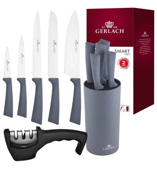 GERLACH SMART GREY Komplet 5 noży w bloku + ostrzałka 3w1 uni czarna