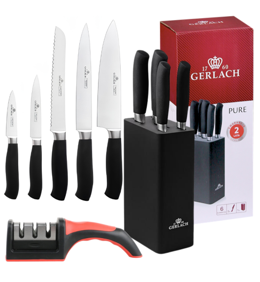 GERLACH PURE Komplet 5 noży w bloku + ostrzałka 3w1 uni czerwona