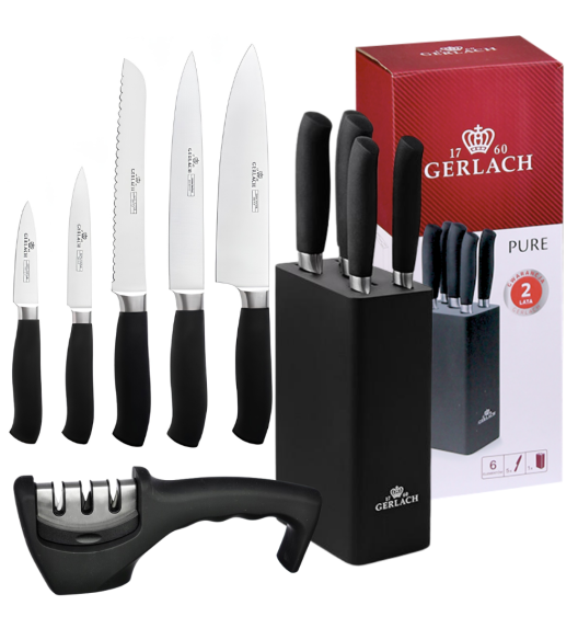 GERLACH PURE Komplet 5 noży w bloku + ostrzałka 3w1 uni czarna