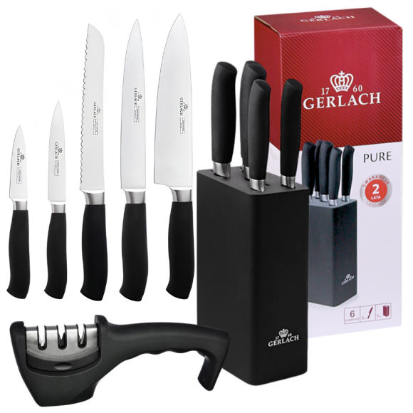 GERLACH PURE Komplet 5 noży w bloku + ostrzałka 3w1 uni czarna