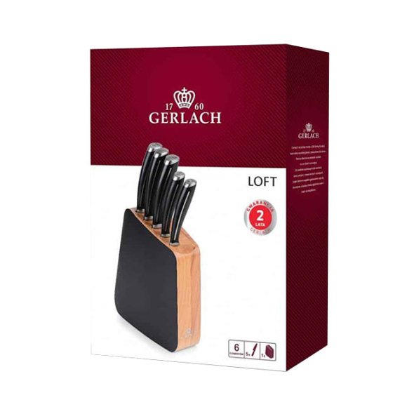 GERLACH LOFT Komplet 5 noży w bloku + ostrzałka 3w1 uni czarna