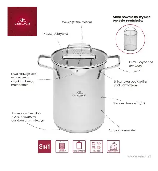 GERLACH AMBIENTE Garnek wysoki 4 l z sitkiem i pokrywką 16 cm / stal nierdzewna