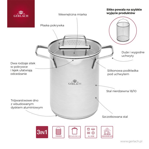 GERLACH AMBIENTE Garnek wysoki 4 l z sitkiem i pokrywką 16 cm / stal nierdzewna