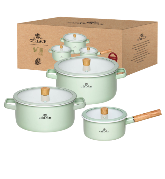 GERLACH NATUR ENAMEL Komplet Garnki z pokrywkami 6 el / zielony / emalia