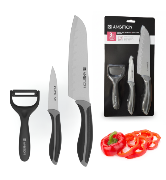 AMBITION OMBRE GREY Komplet 2 Noże + Obieraczka / 3 el / powłoka non-stick