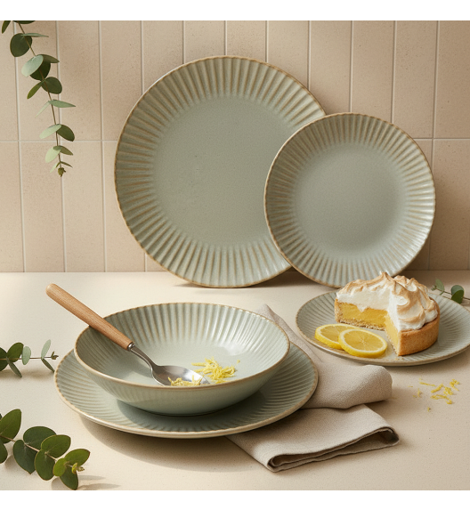 LUBIANA DAISY STONEWARE EUKALIPTUS | Serwis obiadowy 54 elementy dla 18 osób | kolor zielony