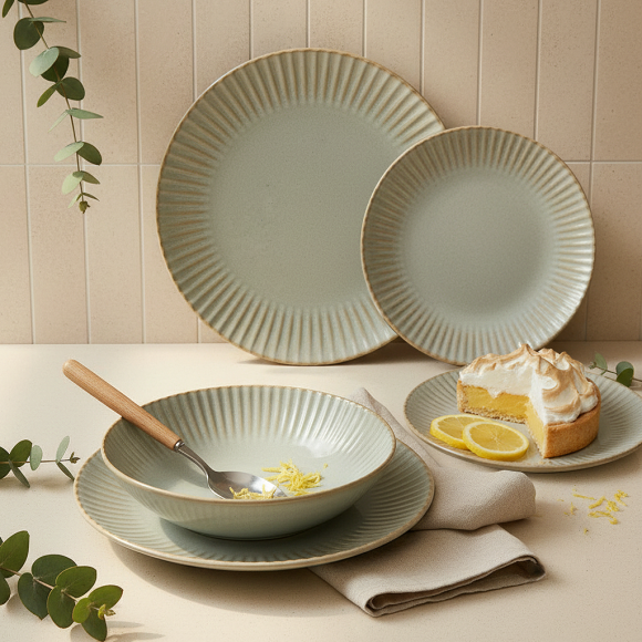 LUBIANA DAISY STONEWARE EUKALIPTUS | Serwis obiadowy 54 elementy dla 18 osób | kolor zielony