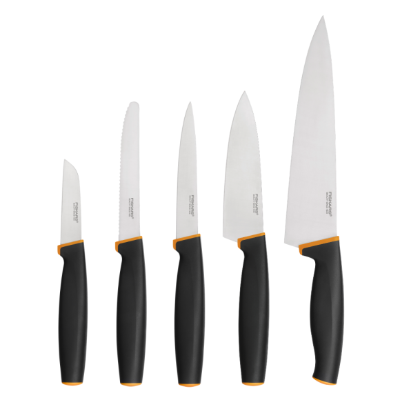 FISKARS CONTROL+ Zestaw 5 noży w pudełku + Ostrzałka ceramiczna Essential Roll-Sharp / japońska stal nierdzewna