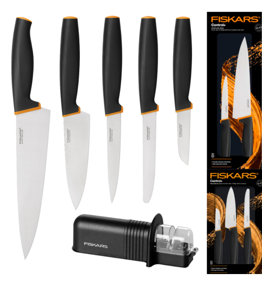 FISKARS CONTROL+ Zestaw 5 noży w pudełku + Ostrzałka ceramiczna Essential Roll-Sharp / japońska stal nierdzewna