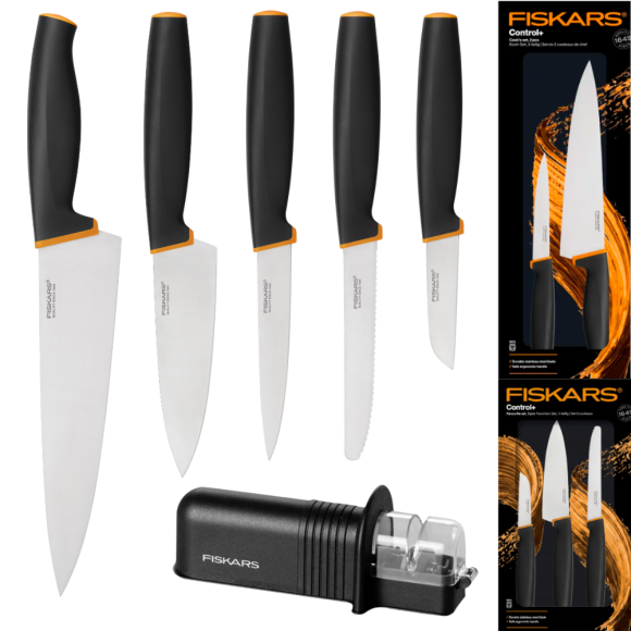 FISKARS CONTROL+ Zestaw 5 noży w pudełku + Ostrzałka ceramiczna Essential Roll-Sharp / japońska stal nierdzewna