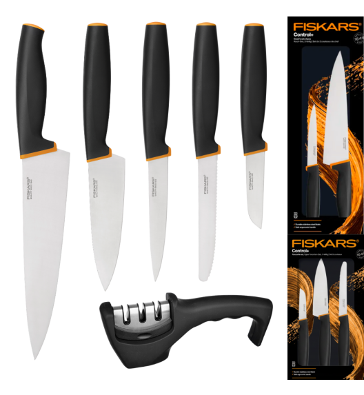 FISKARS CONTROL+ Zestaw 5 noży w pudełku + Ostrzałka 3w1 uniwersalna / japońska stal nierdzewna