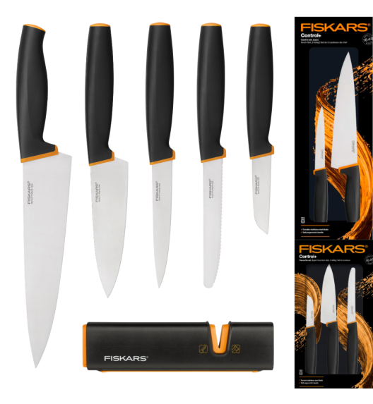FISKARS CONTROL+ Zestaw 5 noży w pudełku + Ostrzałka Edge / japońska stal nierdzewna
