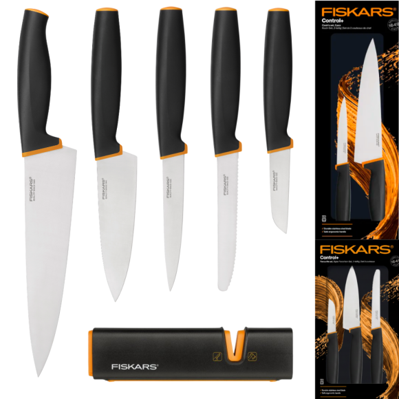 FISKARS CONTROL+ Zestaw 5 noży w pudełku + Ostrzałka Edge / japońska stal nierdzewna