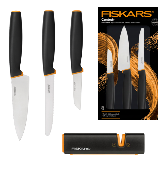 FISKARS CONTROL+ Zestaw 3 noży FAVOURITE SET w pudełku + Ostrzałka Edge / japońska stal nierdzewna